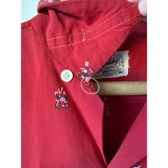VTG 1940s/50s Holiday Sportswear Red Pilgrim Print Button Up Shirt Size Small - Picture 8 of 9